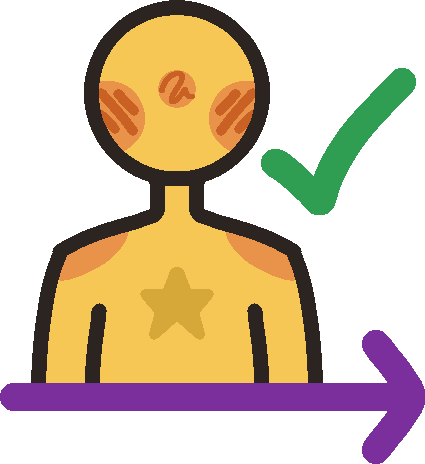 A nondescript yellow person with a star on their chest is positioned above a rightward-pointing purple arrow with a green checkmark to the right of the person.